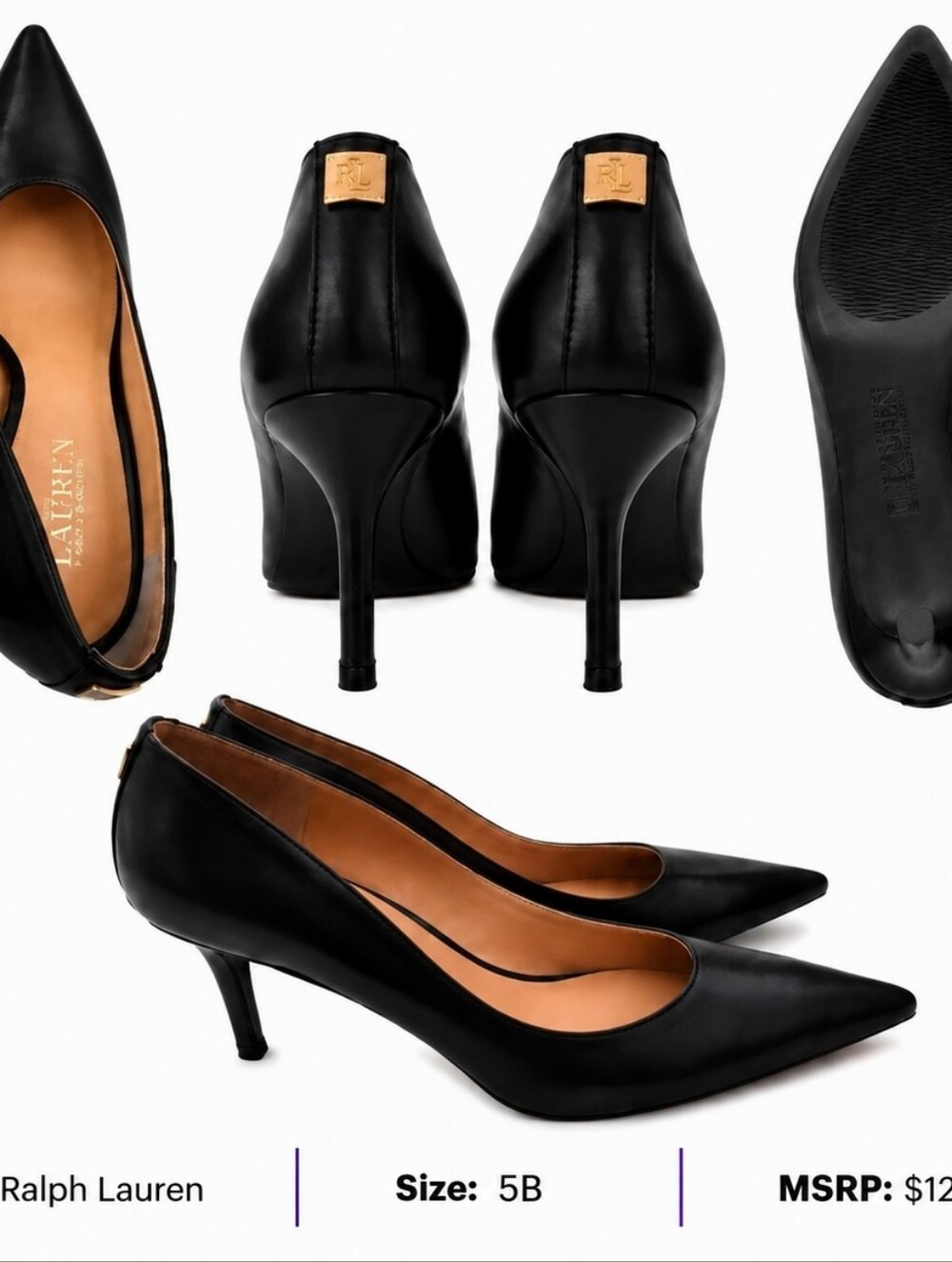 Ralph Lauren Black Pointed-Toe Kitten Heel Pumps with Gold Logo